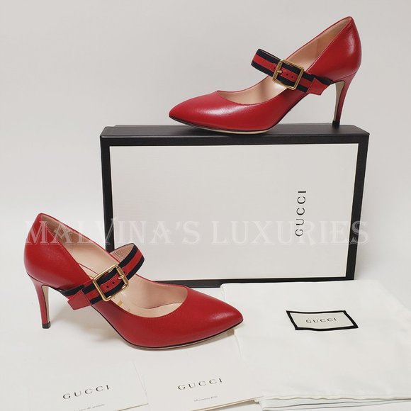 GUCCI SHOES SYLVIE WEB RED LEATHER MARY JANE PUMPS HEELS sz IT 36 US 6 - Picture 3 of 12